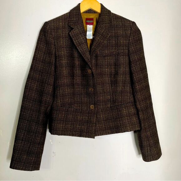 KENZO Paris Vintage Designer Brown Wool Plaid Blazer Women’s Size‎ 40 - Picture 1 of 10